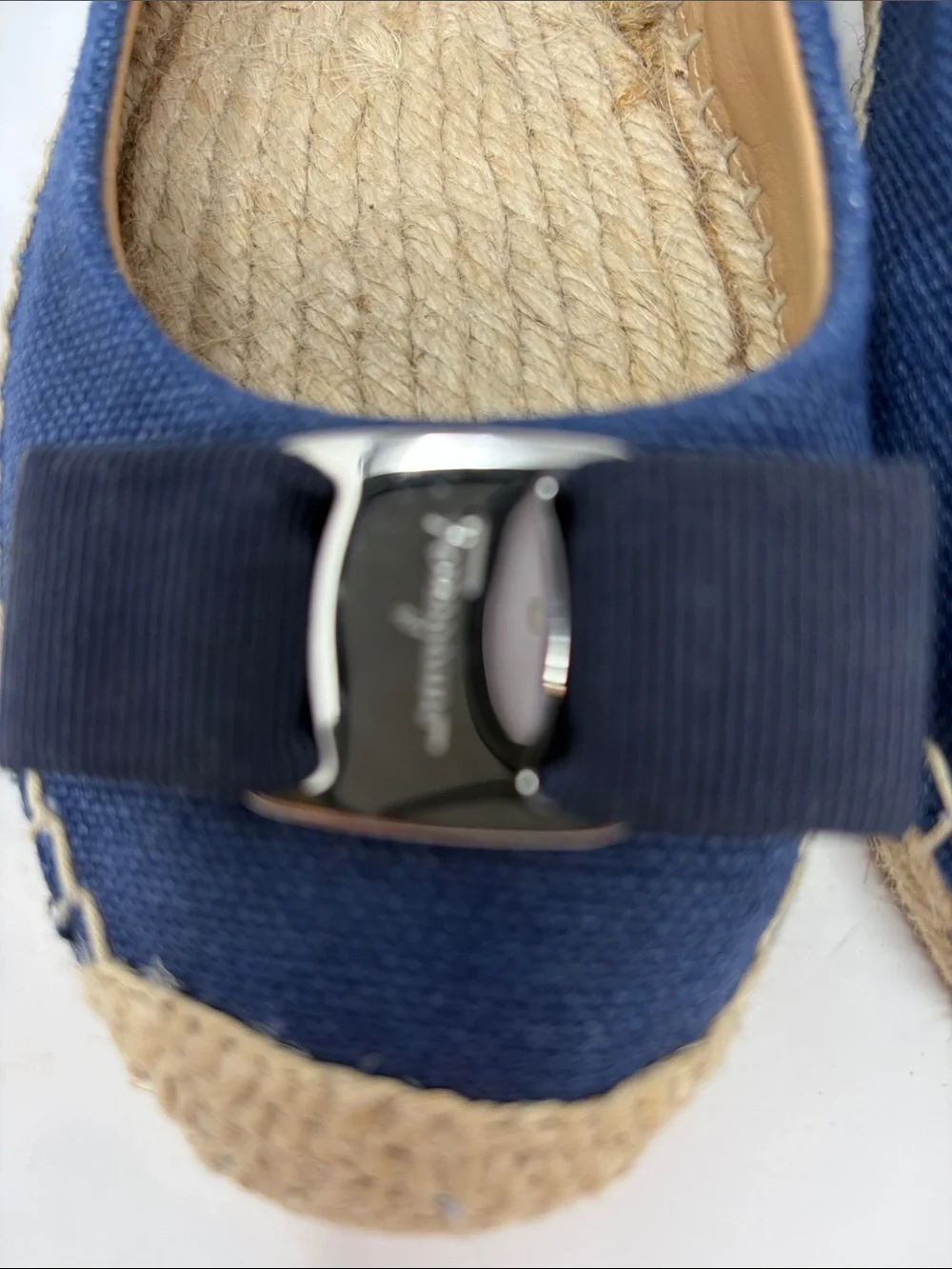 Salvadore Ferragamo Navy Canvas Espadrille Flats with Bow Accent Size 8